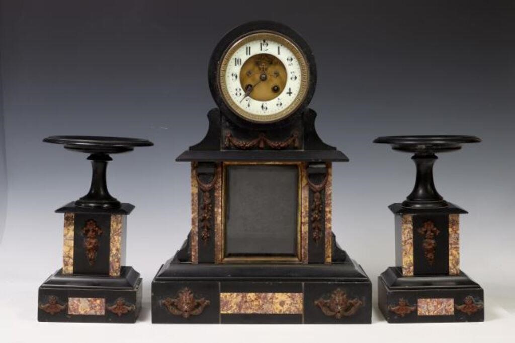 Appraisal: FRENCH NAPOLEON III MANTEL CLOCK GARNITURES lot of French Napoleon