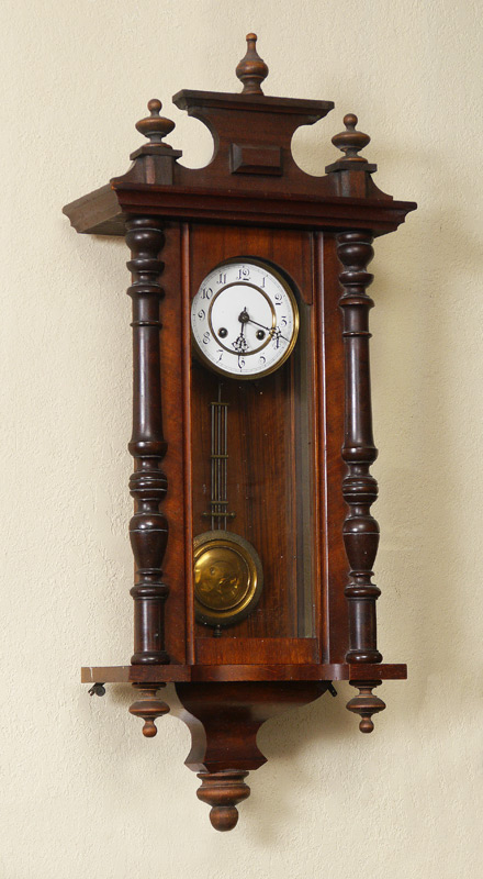 Appraisal: GERMAN WALNUT WALL CLOCK Removable pediment walnut case with applied