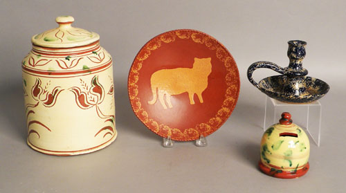 Appraisal: Turtlecreek redware canister h together with a Foltz plate dia