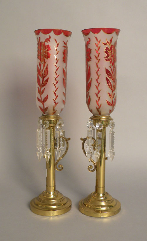 Appraisal: Pair of ruby and frosted glass hurricane lamps h