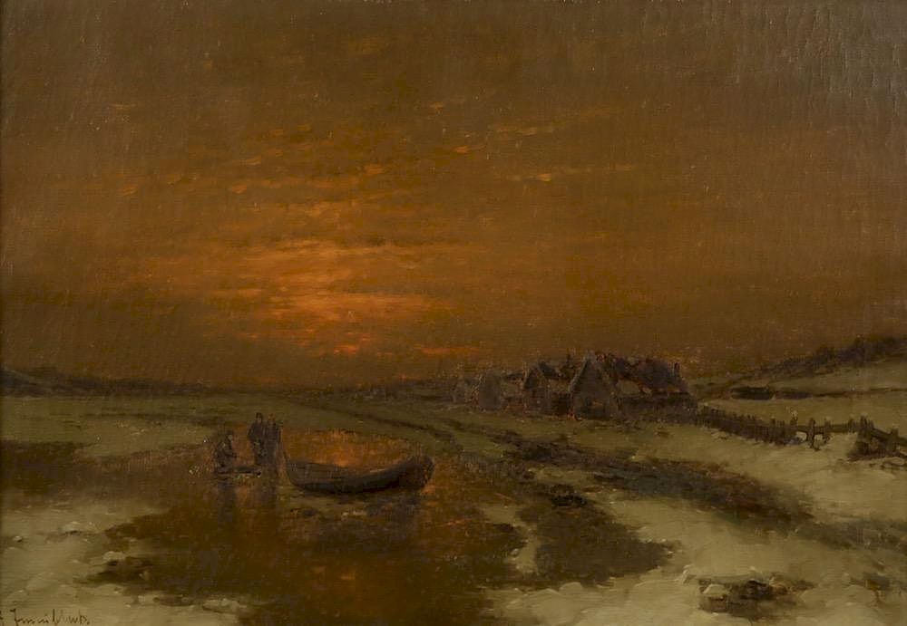 Appraisal: Ice Fishing at Dusk th Century Dutch School oil on