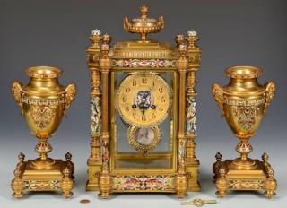 Appraisal: Tiffany Three-piece Tiffany Egyptian revival champleve gilt bronze garniture set