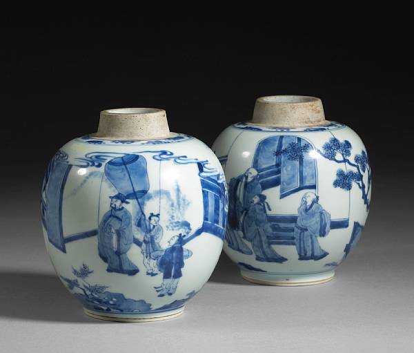 Appraisal: Two small blue and white globular jars Kangxi Marks and