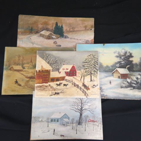 Appraisal: Antique Oil Paintings winter landscapes on board unframed x up