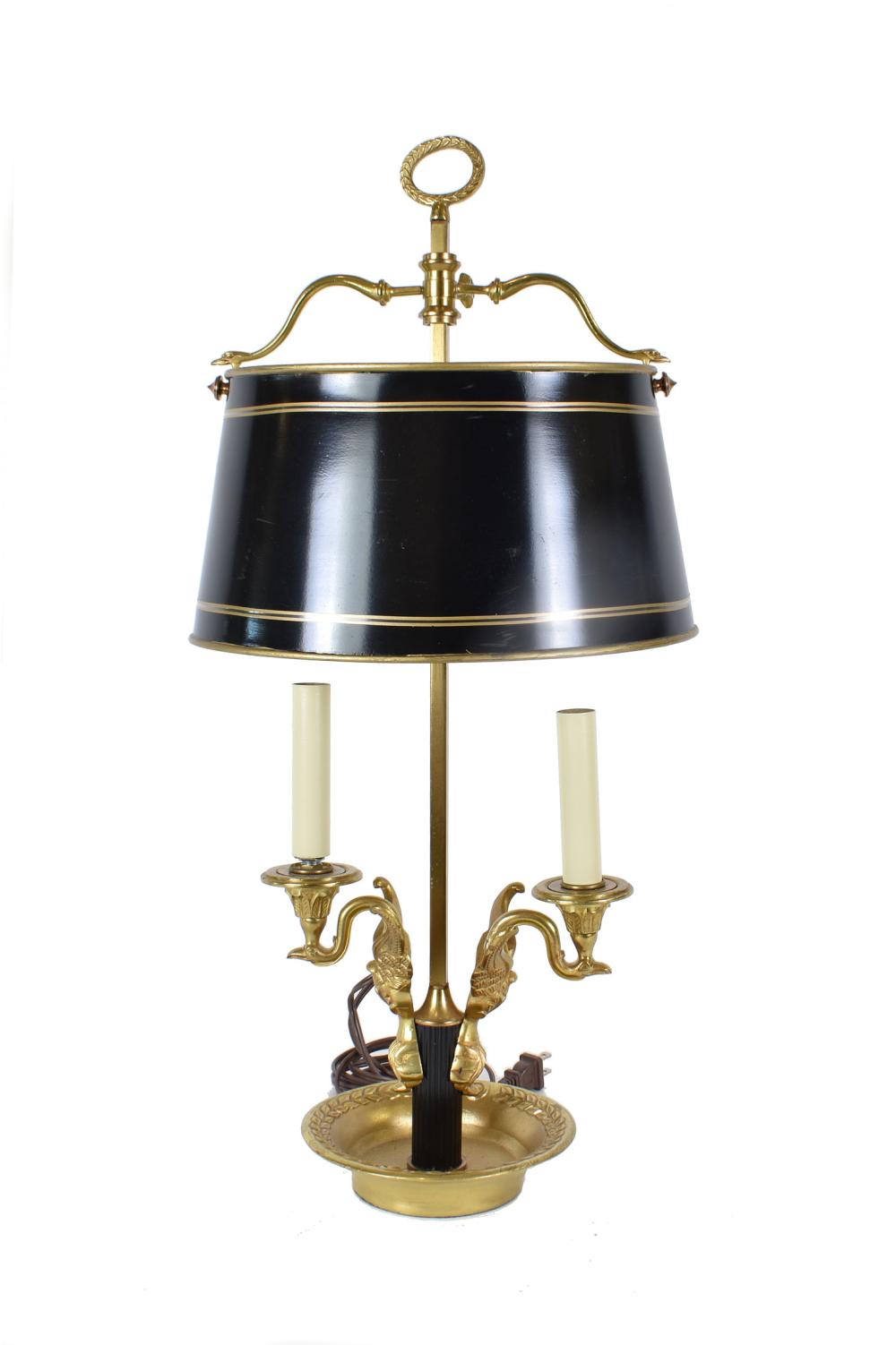 Appraisal: EMPIRE STYLE GILT BRONZE TWO-LIGHT BOUILLOTTE LAMPWith winged swan neck