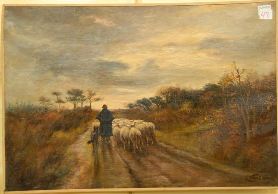 Appraisal: L VANCAMP Ca th c oil on canvas Shepherd with