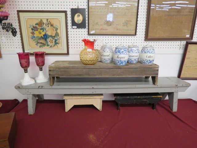 Appraisal: Antique Wooden Benches to long printed