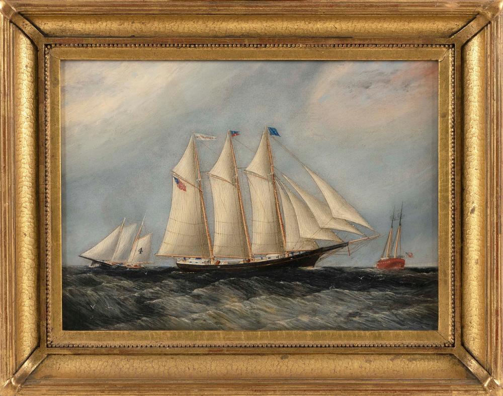 Appraisal: AMERICAN SCHOOL TH CENTURY VIEW OF A THREE-MASTED SCHOONER A