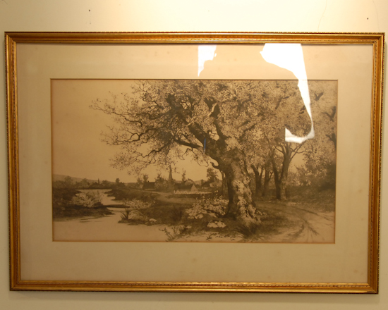 Appraisal: E C Rost Etching Large tree and cottage European village