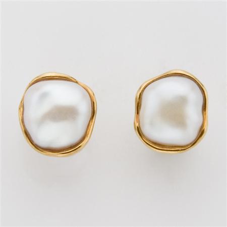 Appraisal: Pair of Gold and Baroque Freshwater Pearl Earclips Tiffany Co