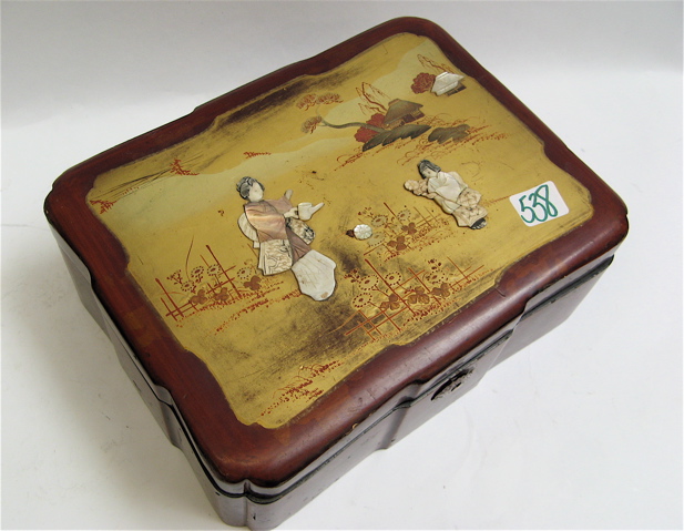 Appraisal: CHINESE LACQUER JEWELRY BOX hinged lid with figures inlaid with