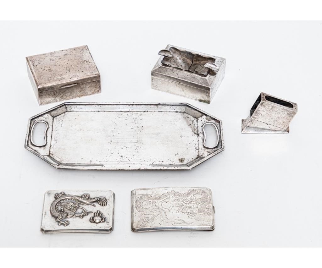 Appraisal: Chinese silver cigarette set to include a tray x ashtray