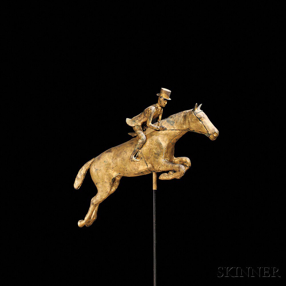 Appraisal: Gilt Molded Copper Leaping Horse and Rider Weathervane America late