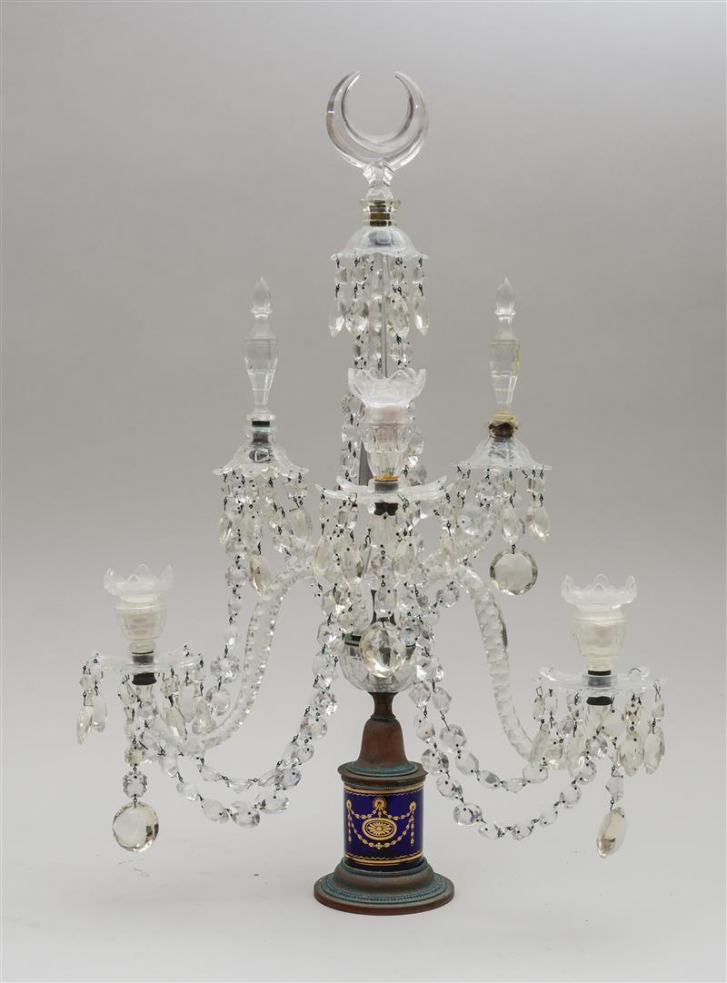 Appraisal: GEORGE III STYLE CUT-GLASS TWO-LIGHT CANDELABRUM The blue drum-form stem