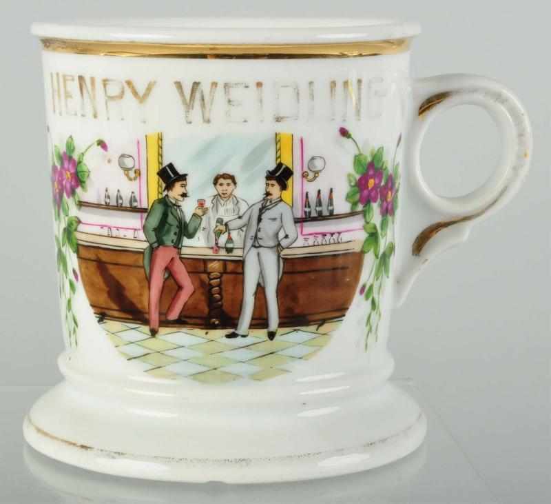 Appraisal: Bartender with Two Patrons Shaving Mug Description Gilt name Henry