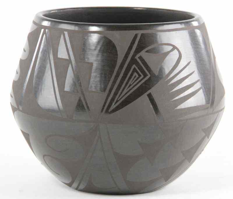 Appraisal: San Ildefonso Blackware Potpolished and matte geometric decoration to body