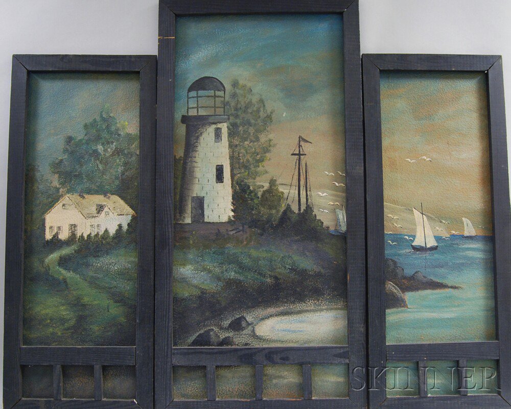 Appraisal: Framed Oil on Board Triptych Harbor Scene th century the