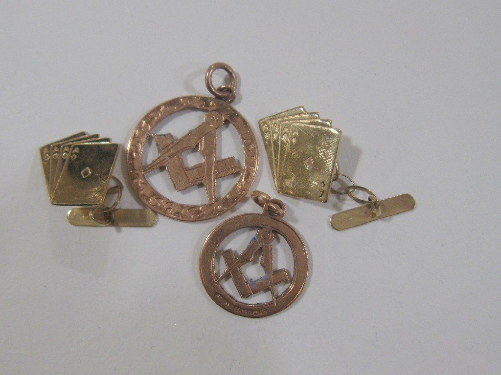 Appraisal: Lot comprising two ct gold masonic pendants and a pair