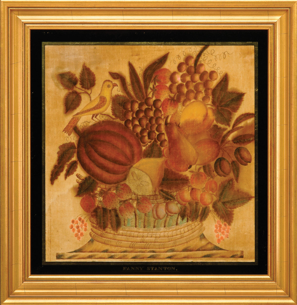 Appraisal: VELVET THEOREM OF A FOOTED BASKET WITH FRUIT AND BIRD