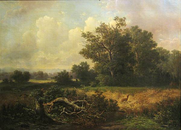 Appraisal: C Huefner A wooded landscape with a deer in the