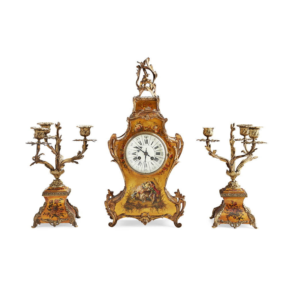 Appraisal: FRENCH GILTWOOD AND GILT METAL MOUNTED CLOCK GARNITURE CIRCA comprising