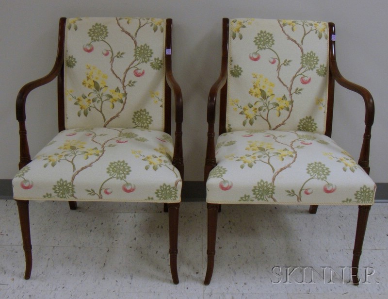 Appraisal: Pair of Regency-style Floral Brocade Upholstered Carved Mahogany Armchairs