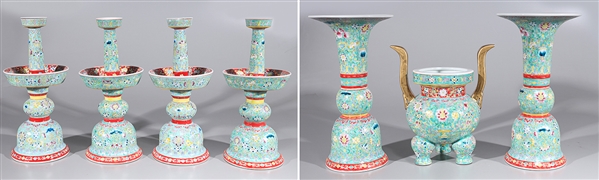 Appraisal: Chinese enameled porcelain seven piece garniture set with four candlesticks