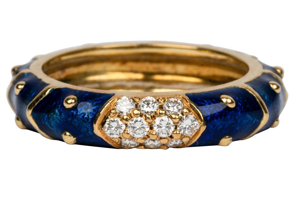 Appraisal: KARAT YELLOW GOLD DIAMOND ENAMEL RINGcontaining ten full cut diamonds