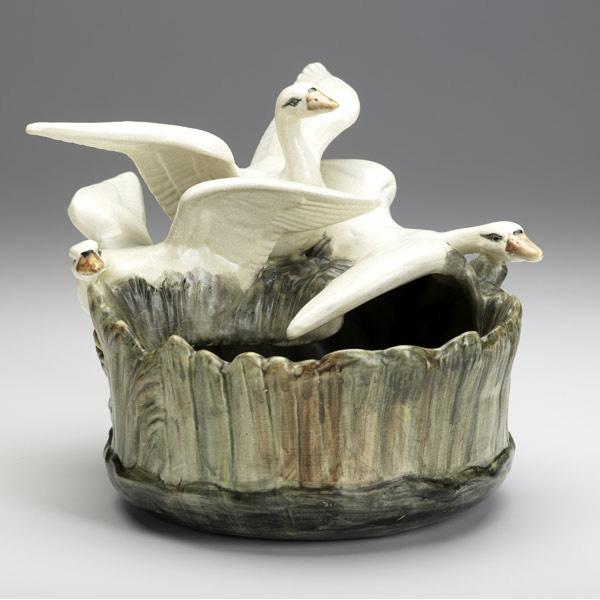 Appraisal: WELLER Rare Muskota three-swan bowl Unmarked x