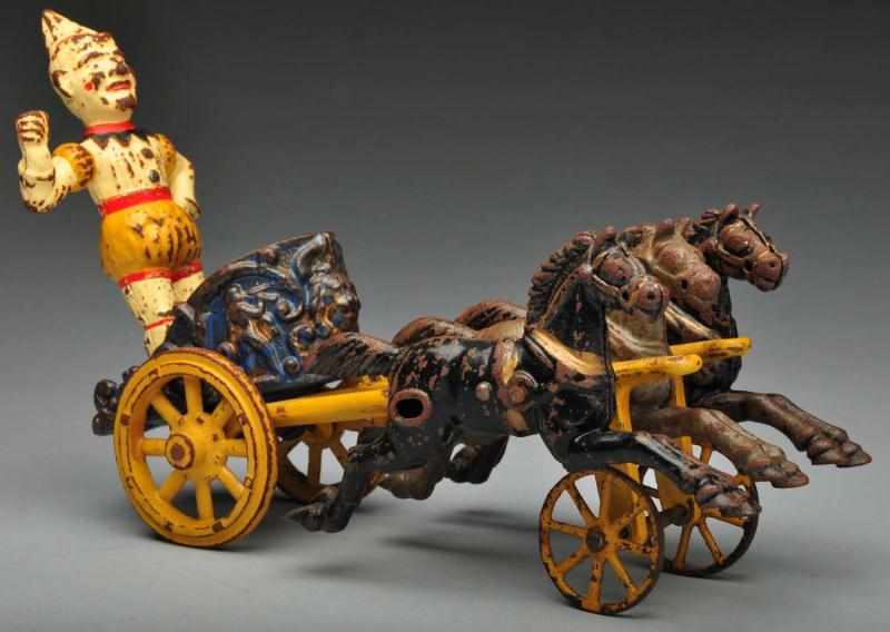 Appraisal: Cast Iron Hubley Chariot Horse-Drawn Toy Description American Stationary horses