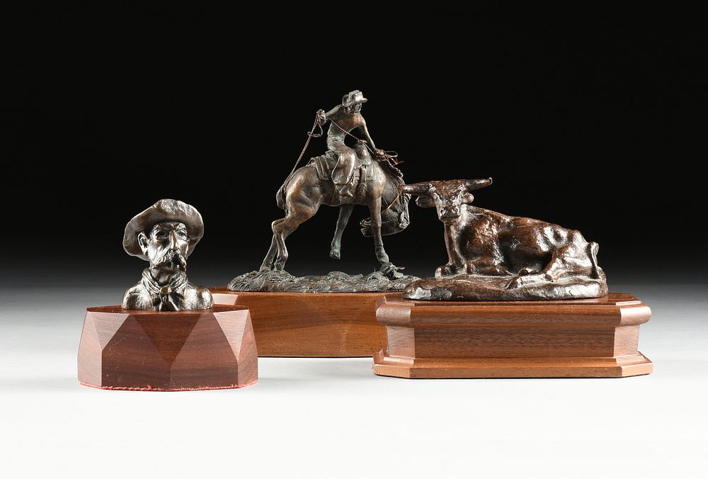 Appraisal: A GROUP OF THREE COWBOY AND LONGHORN BRONZE SCULPTURES MODERN