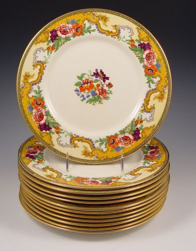 Appraisal: MYOTTS STAFFORDSHIRE ENAMELED SERVICE PLATES Richly colored enameled plates ''