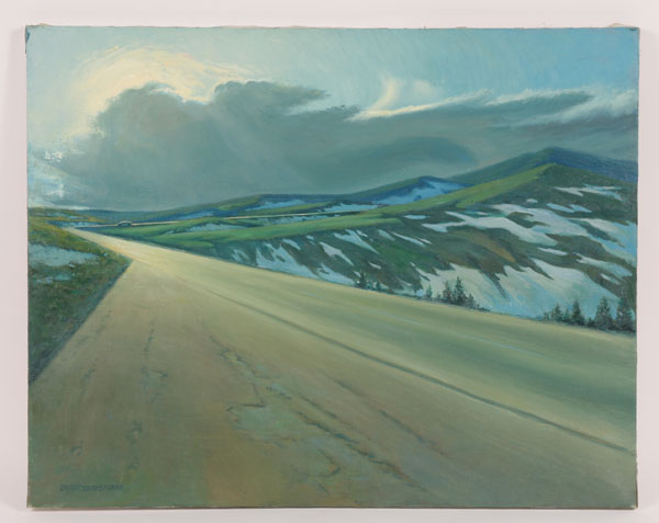 Appraisal: Grant Wright Christian - mountain road landscape with automobile oil