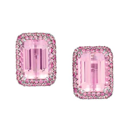 Appraisal: Pair of Blackened Gold Kunzite and Pink Sapphire Earrings Estimate