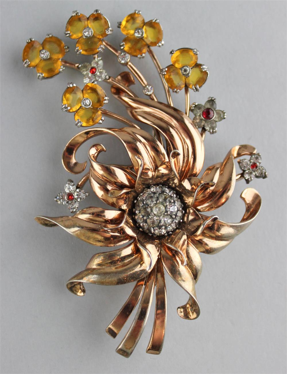 Appraisal: PENNINO STERLING FLOWER PIN WITH ORANGE RED AND COLORLESS RHINESTONES