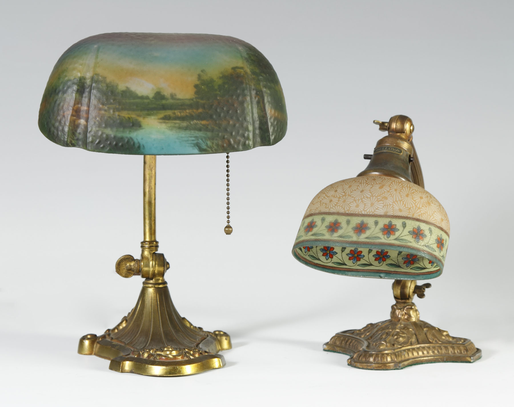 Appraisal: Left Pittsburgh Desk Lamp Reverse painted w stream scene Exc