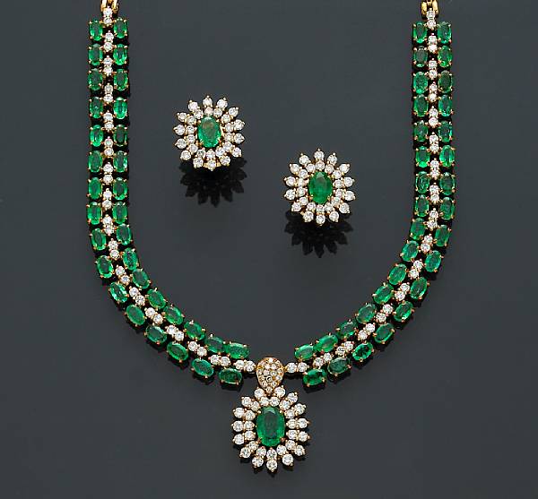 Appraisal: A set of emerald and diamond jewelry comprising a necklace