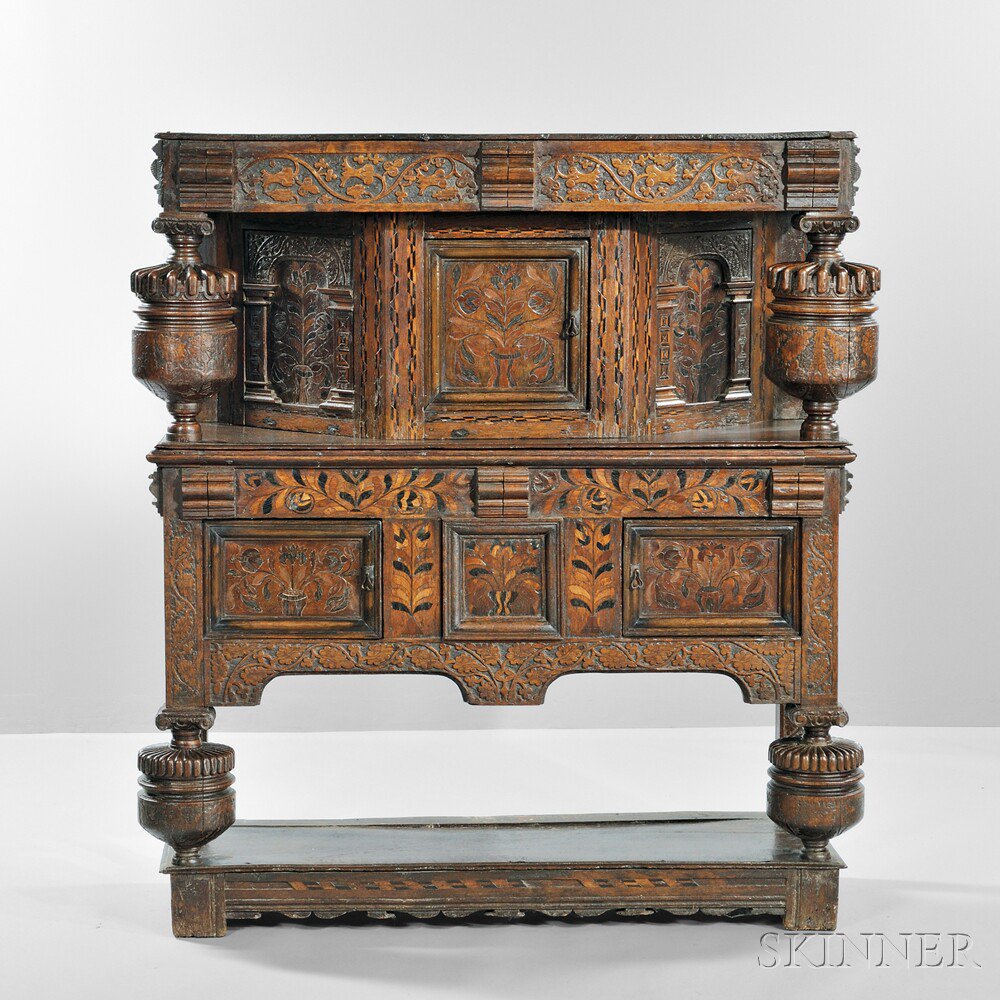 Appraisal: Inlaid Oak Court Cupboard England early th century and later