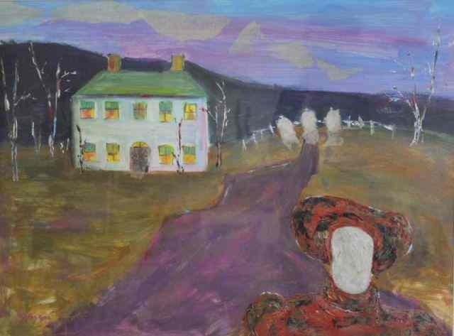 Appraisal: Signed th C Acrylic on Paper House with Figureand Gravestones