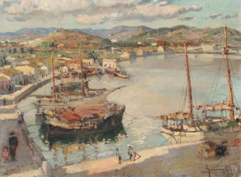 Appraisal: GIL Ignacio Spanish - Busy Spanish Harbor Scene From a