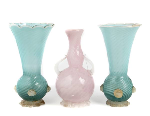 Appraisal: A pair of Venetian blue glass vases with applied decoration