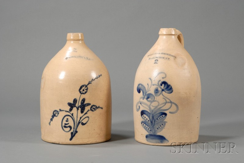 Appraisal: Two Floral Cobalt-decorated Stoneware Jugs America late th century two-gallon