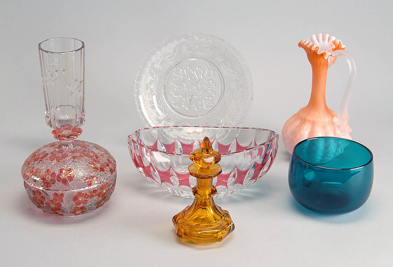 Appraisal: SEVEN PIECES OF GLASSWARE Includes an oval cranberry overlay cut