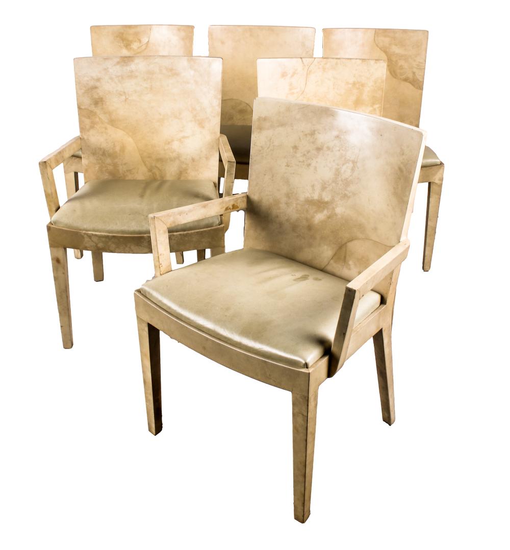 Appraisal: SIX PARCHMENT-VENEERED DINING CHAIRScomprising two armchairs inches wide inches deep