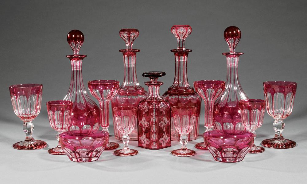 Appraisal: Set of Antique French Ruby Cut-to-Clear Crystal Stemware probably Val