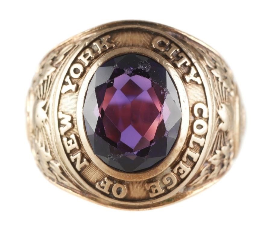 Appraisal: City College of NY ring with purple stone Size Weight