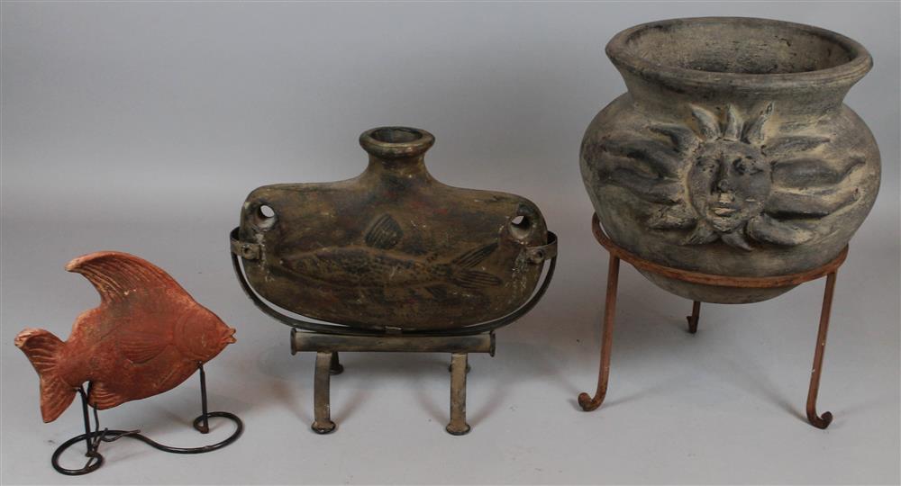 Appraisal: TWO FISH DECORATED POTTERY ITEMS WITH STANDS TOGETHER WITH A