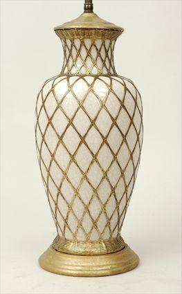 Appraisal: Chinese Crackle-Glaze Ceramic Vase with Gilt-Metal Basketweave Overlay Mounted as