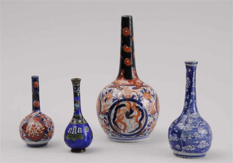 Appraisal: THREE JAPANESE IMARI PORCELAIN BOTTLE-FORM VASES AND A CLOISONN ENAMEL