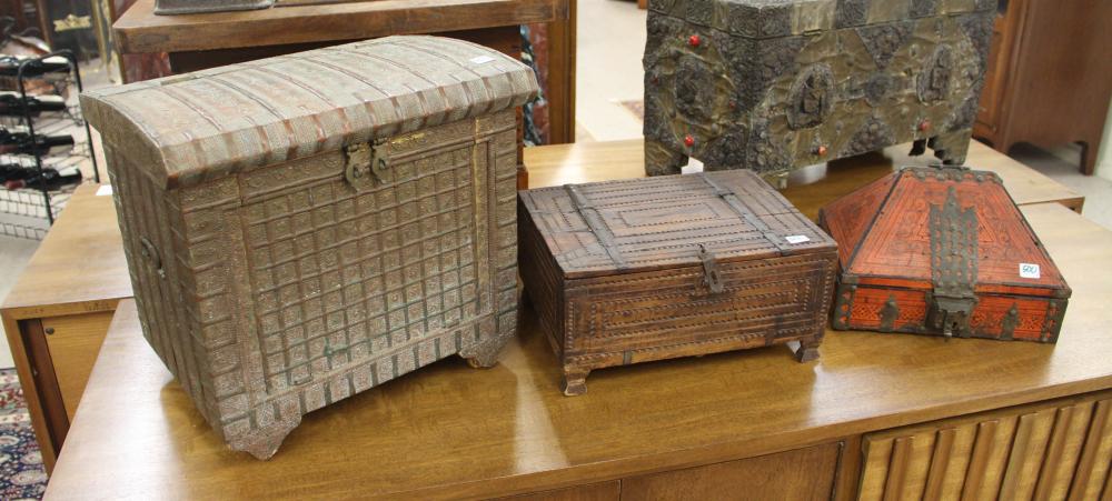 Appraisal: THREE SOUTH ASIAN LIFT-TOP WOODEN BOXES red black pyramidal letter